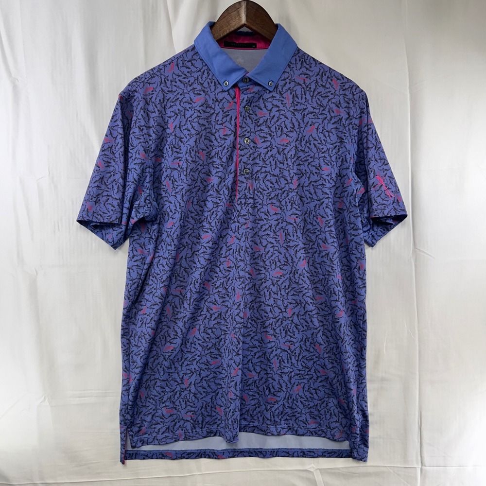 Greyson Polo Shirt Mens Medium Purple Shark Print Performance Golf Short Sleeve
